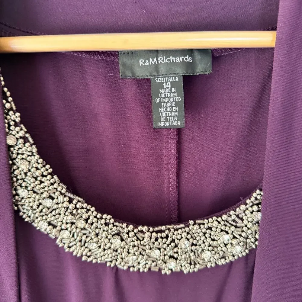 R&M Richards Purple Beaded Sheer Sleeve 2 Piece Jacket Dress Size 14